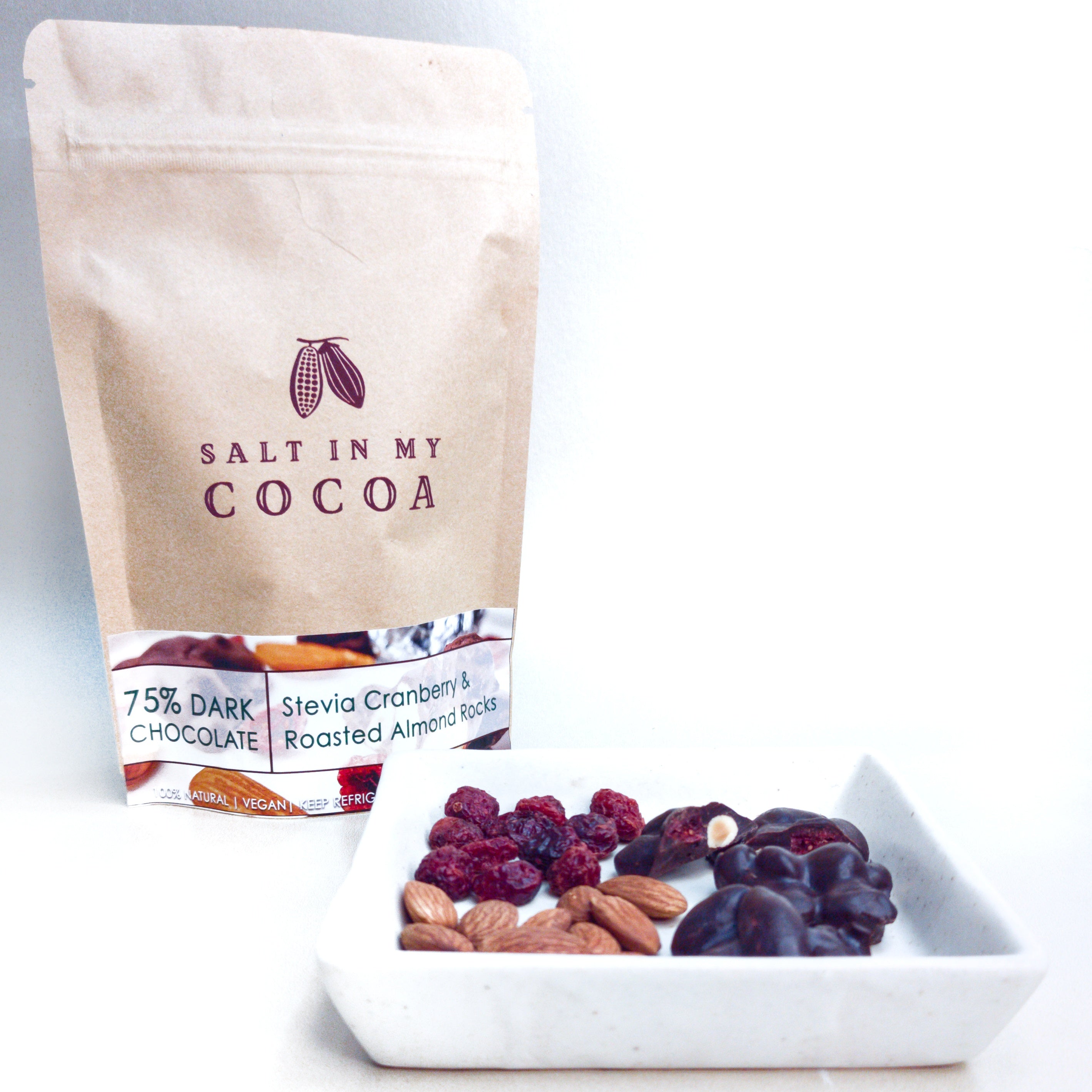 Roasted Rocks 75% Dark Stevia Cranberry & Roasted Almond Rocks – Salt In My Cocoa